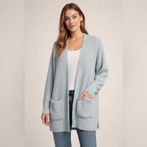 Eileen Fisher Organic Cotton Open Front Knit Cardigan Duster Sweater Large Blue